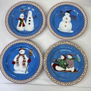 Sakura Debbie Mumm Jolly Snowmen Salad Plates Set of 4 Blue Stoneware 8.25 in